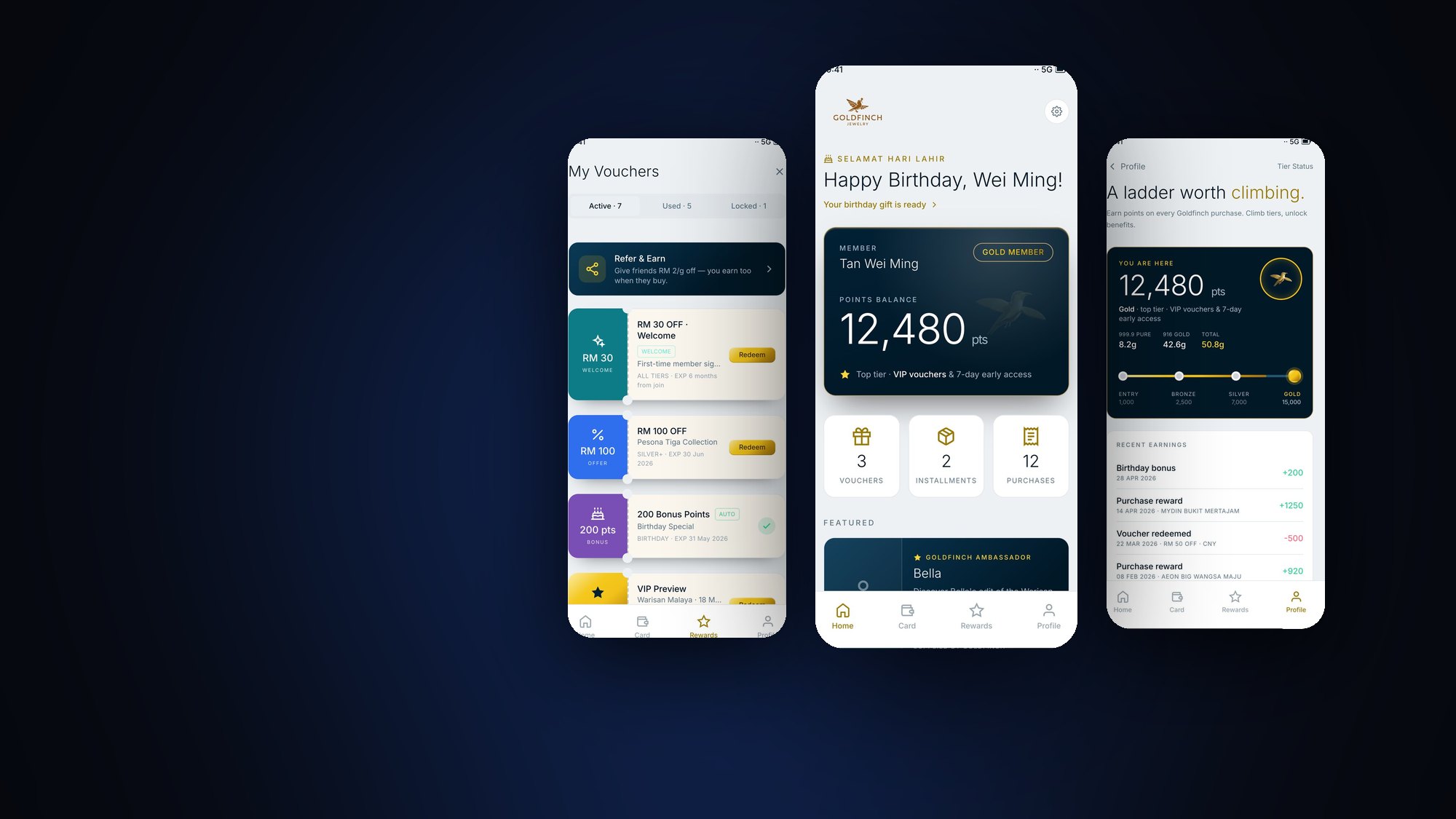 Goldfinch member app, built by ZAC: voucher wallet, home and tier ladder