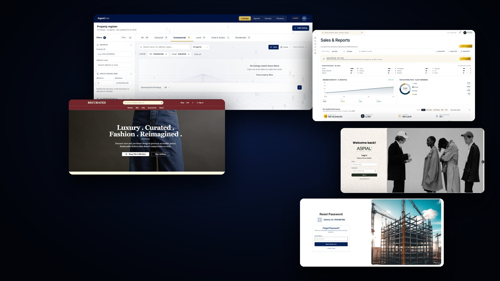 Platforms built by ZAC: iAgentData property register, Goldfinch sales reports, Recurated storefront, GreenZoon Capital portal and Aspial sign-in