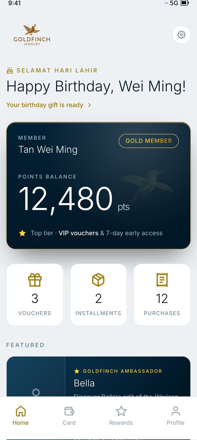Goldfinch member app home